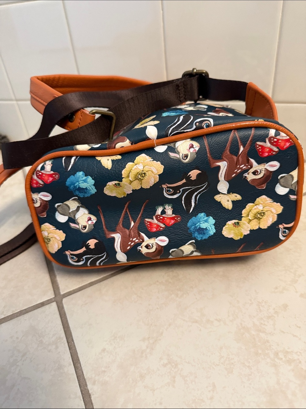 Disney Loungefly Navy Bambi & Floral Mini Backpack with Brown Trim - Picture 3 of 4